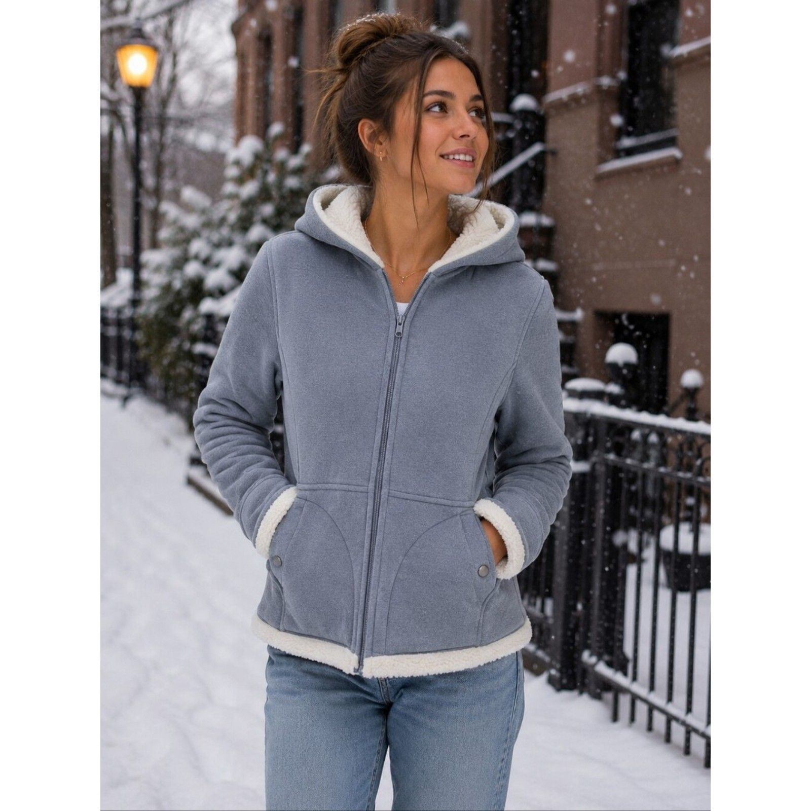 Weatherproof 1948 Gray Cabincore Plush Fleece Hooded Jacket Small Sherpa Ski